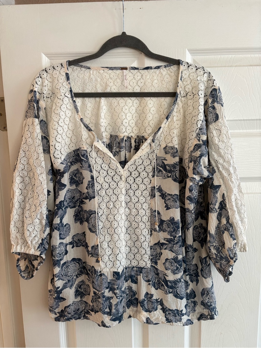 Free People 3/4 length sleeve blouse top boho bohemian flowy peasant S